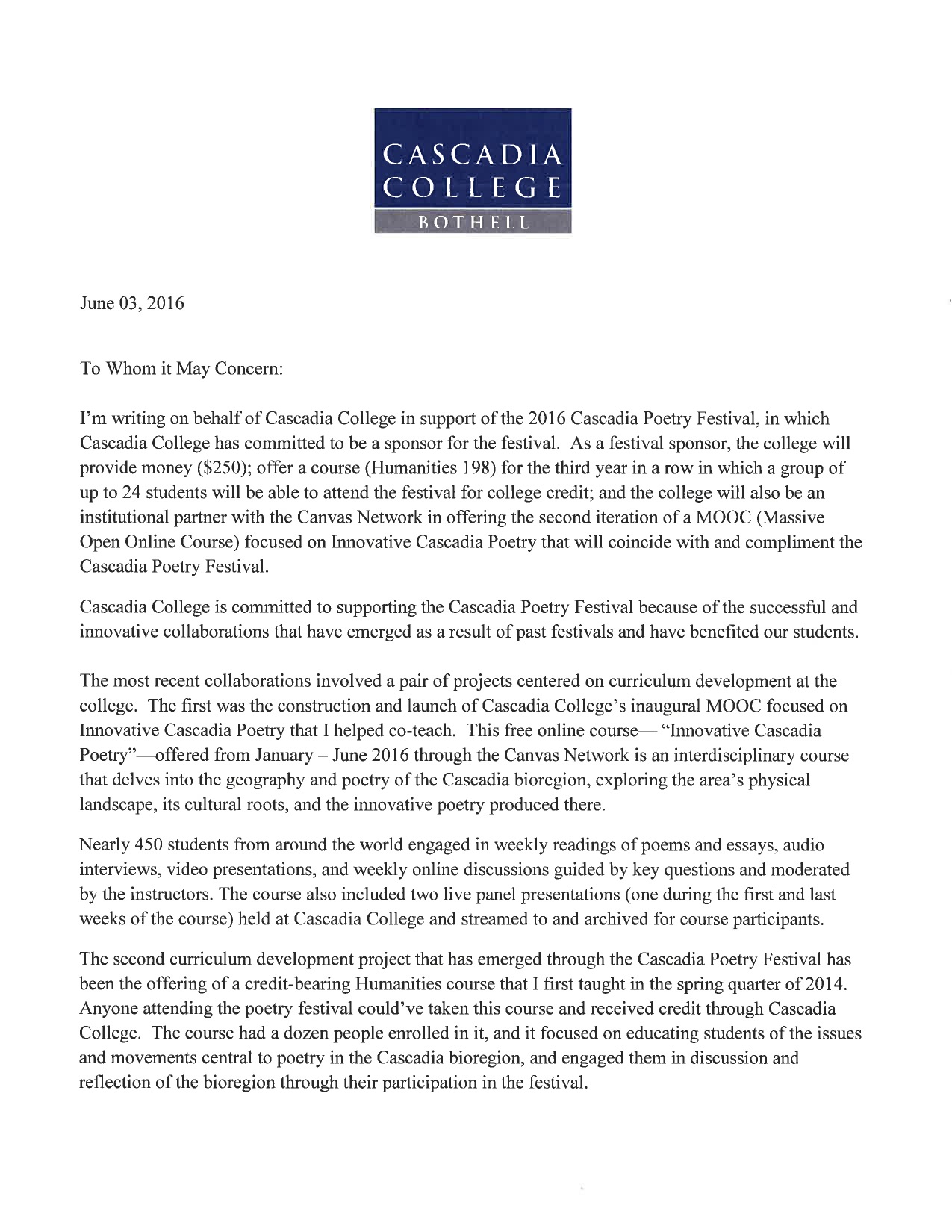 Cascadia College CPF Letter 6.3.16